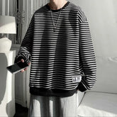 Hearujoy Long Sleeved T-shirt Men's Hong Kong Style Trend Ins Loose T-shirt Striped Sweatshirt Base Shirt Men's Top Coat